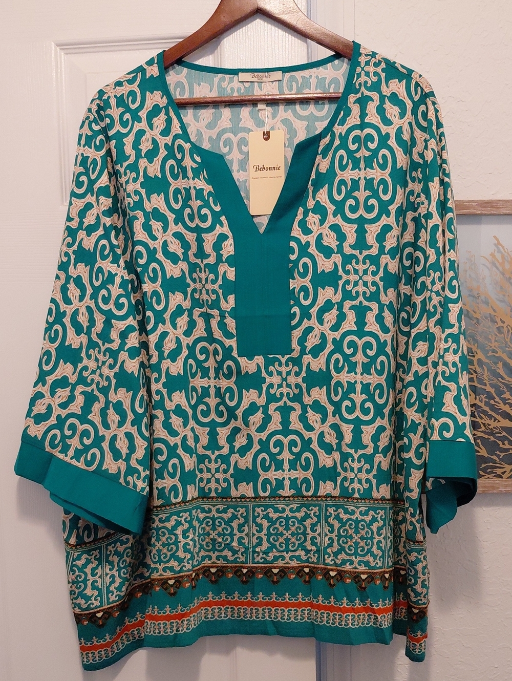 Teal Printed Split-Neck Tunic Top
